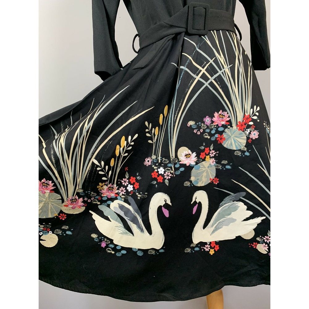 Hua Lan Black Fit Flare pinup Circle Skirt Swans